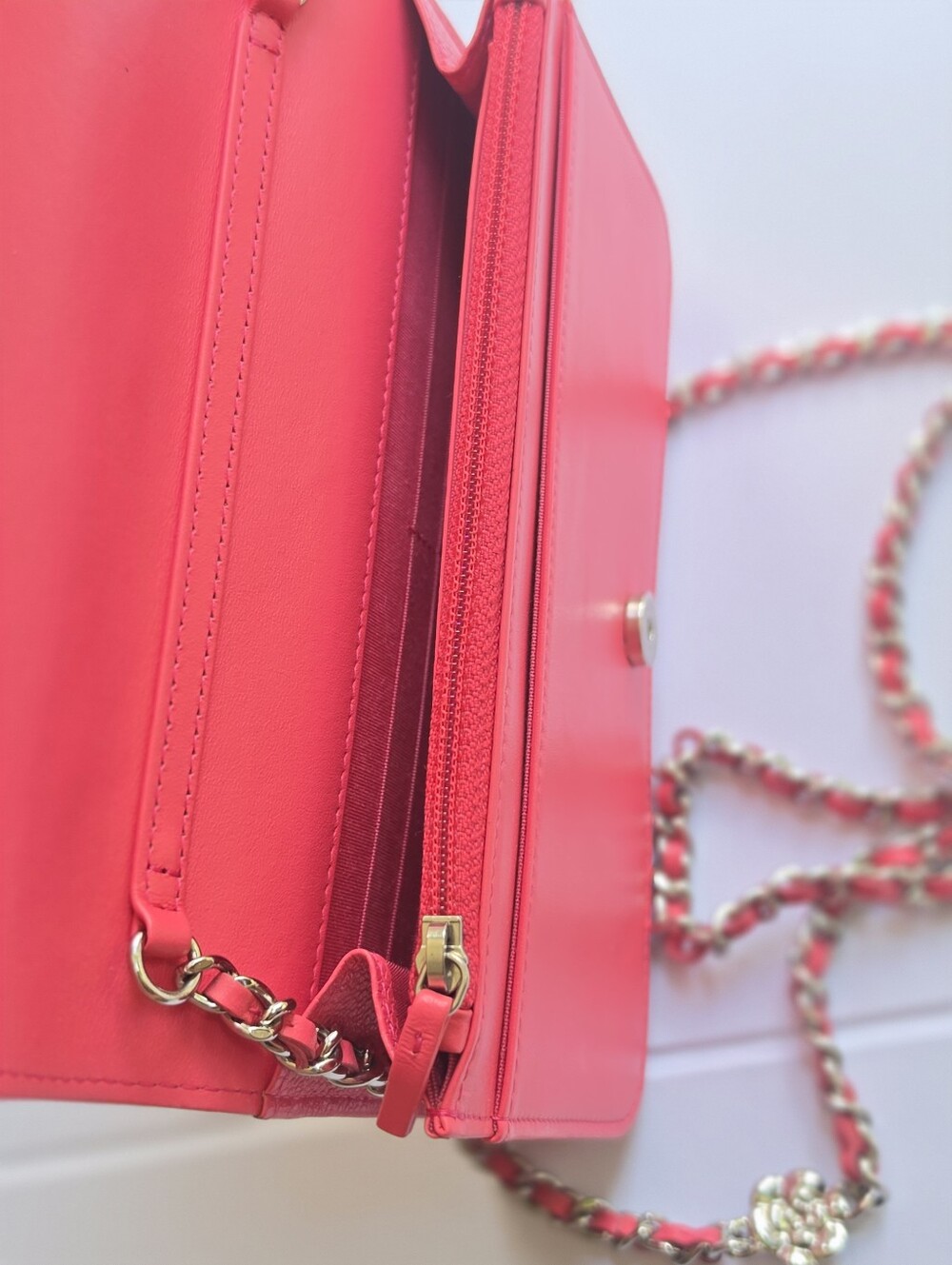 CHANEL Coral Caviar Leather, Camellia-Embossed Mini Cross Body Wallet - Picture 8 of 12